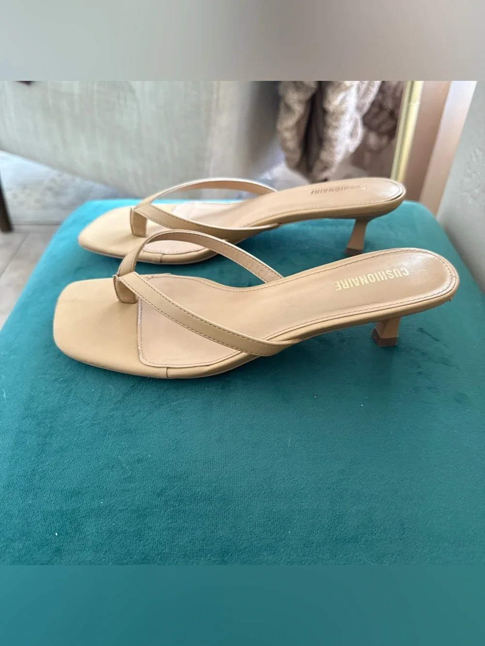 Beige Square-Toe Kitten Heel Thong Sandals Cushionaire Miami